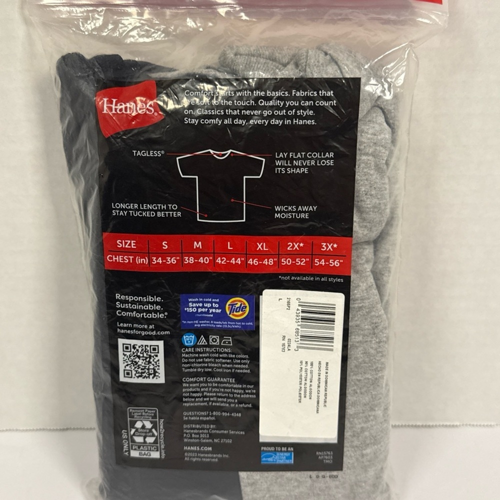 Hanes Color T-shirts Large 42-44 Black-Grey 2-pac Cotton Poly Machine Wash - Picture 2 of 2